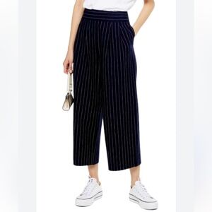 TopShop Navy Blue & White Pinstriped Highrise Wide Leg Cropped Pants Pleated